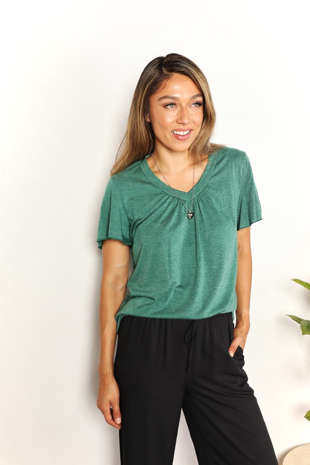 Double Take Ruched V-Neck Short Sleeve T-Shirt us.meeeshop - 