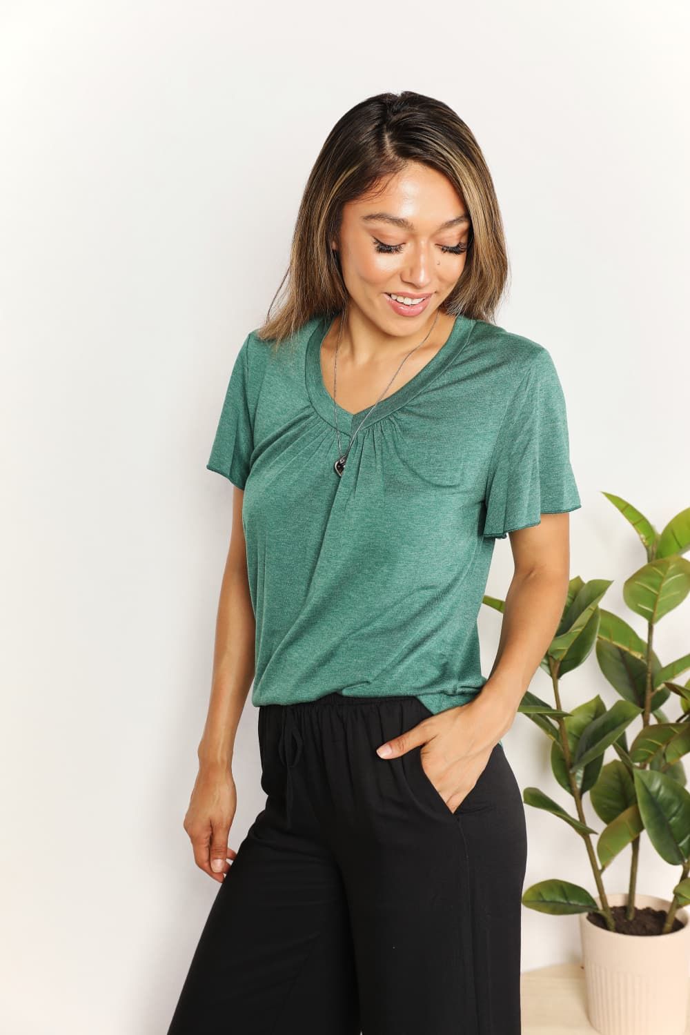 Double Take Ruched V-Neck Short Sleeve T-Shirt us.meeeshop - 