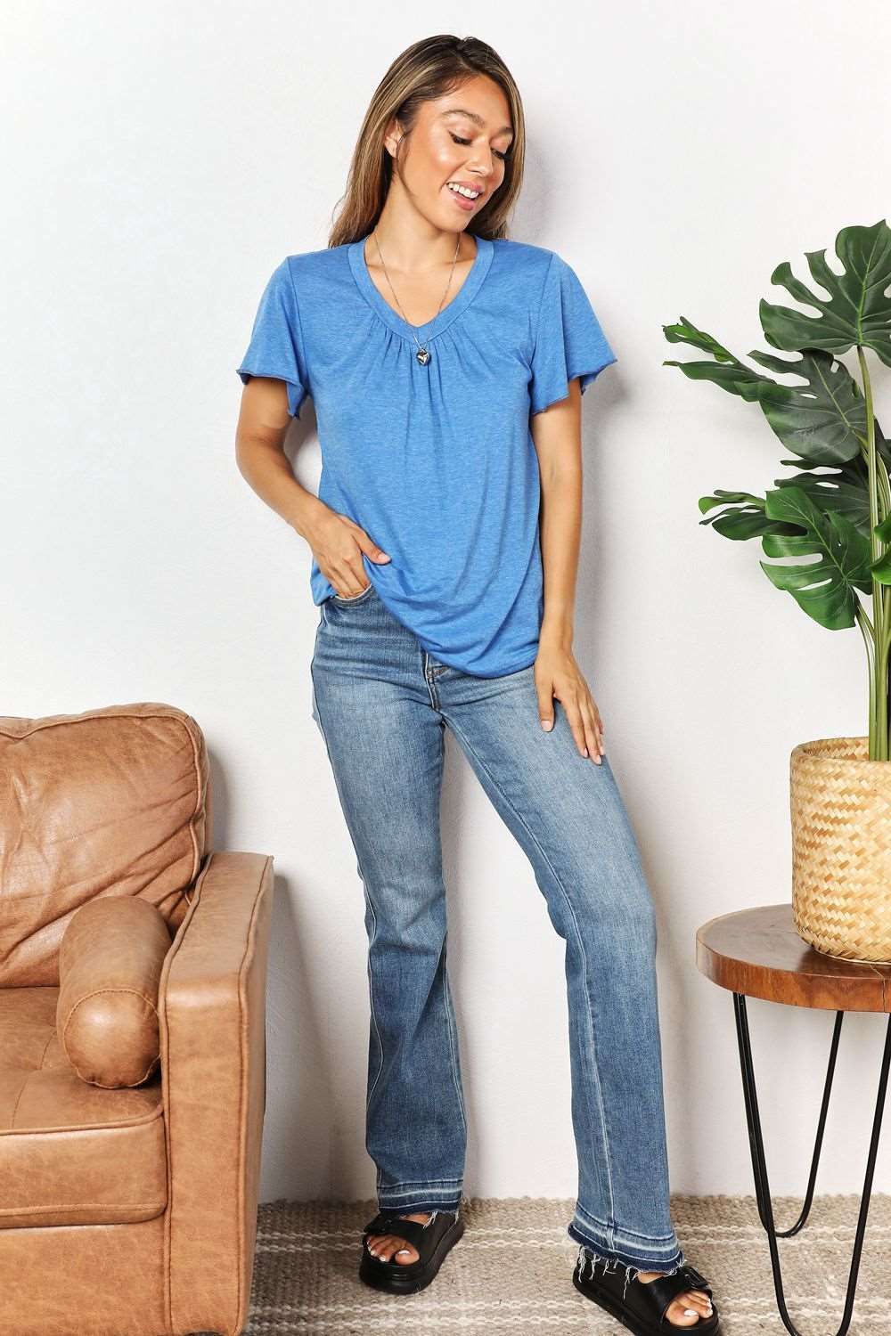 Double Take Ruched V-Neck Short Sleeve T-Shirt us.meeeshop - 