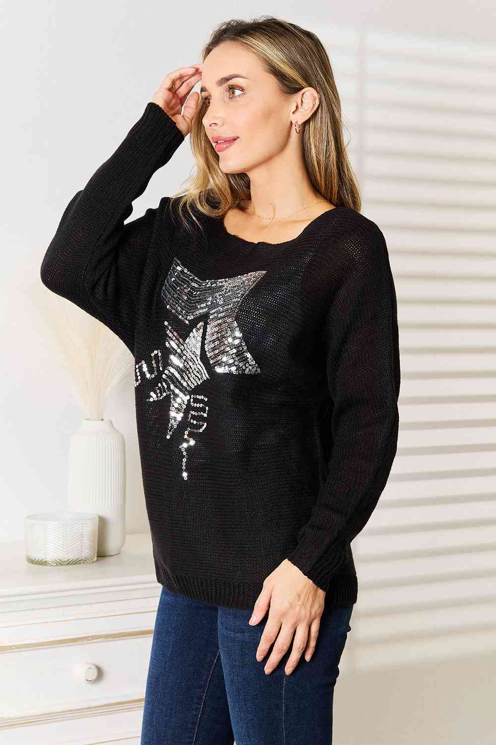 Double Take Sequin Graphic Dolman Sleeve Knit Top | us.meeeshop