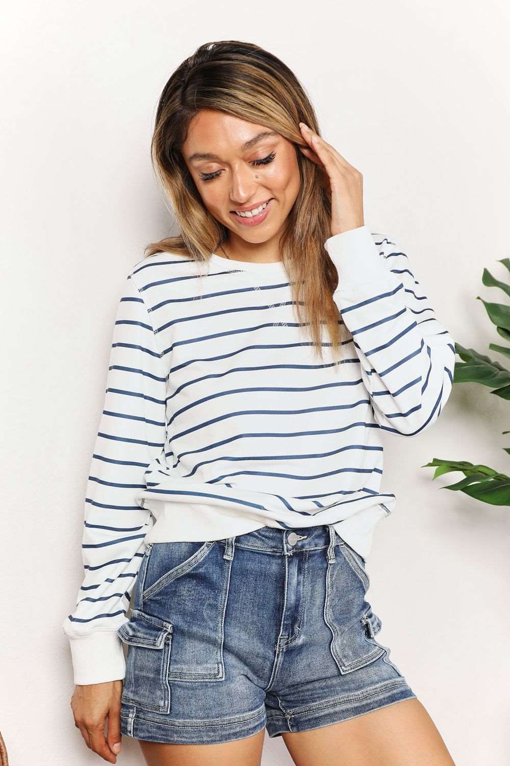 Double Take Striped Long Sleeve Round Neck Top us.meeeshop - 