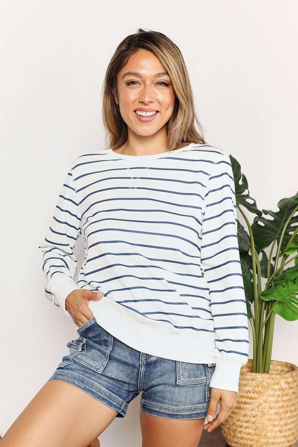 Double Take Striped Long Sleeve Round Neck Top us.meeeshop - Shirts & Tops