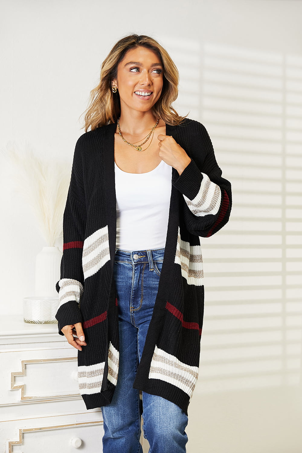 Double Take Striped Rib-Knit Drop Shoulder Open Front Cardigan | us.meeeshop
