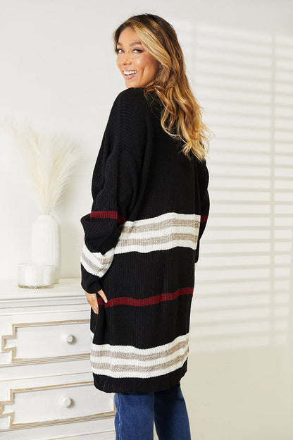 Double Take Striped Rib-Knit Drop Shoulder Open Front Cardigan us.meeeshop - Shirts & Tops