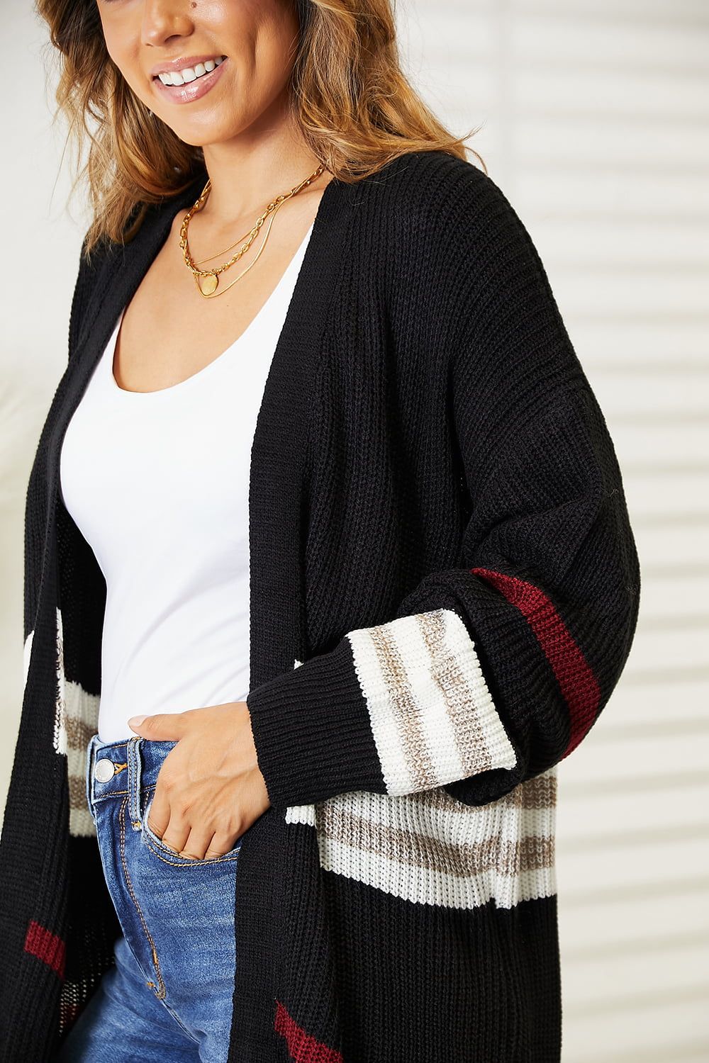 Double Take Striped Rib-Knit Drop Shoulder Open Front Cardigan us.meeeshop - 