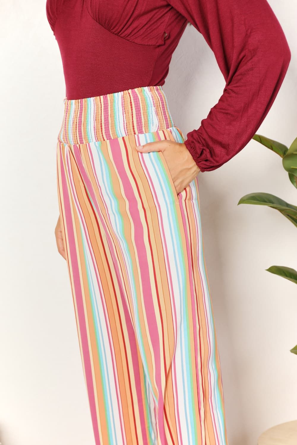 Double Take Striped Smocked Waist Pants with Pockets us.meeeshop - 