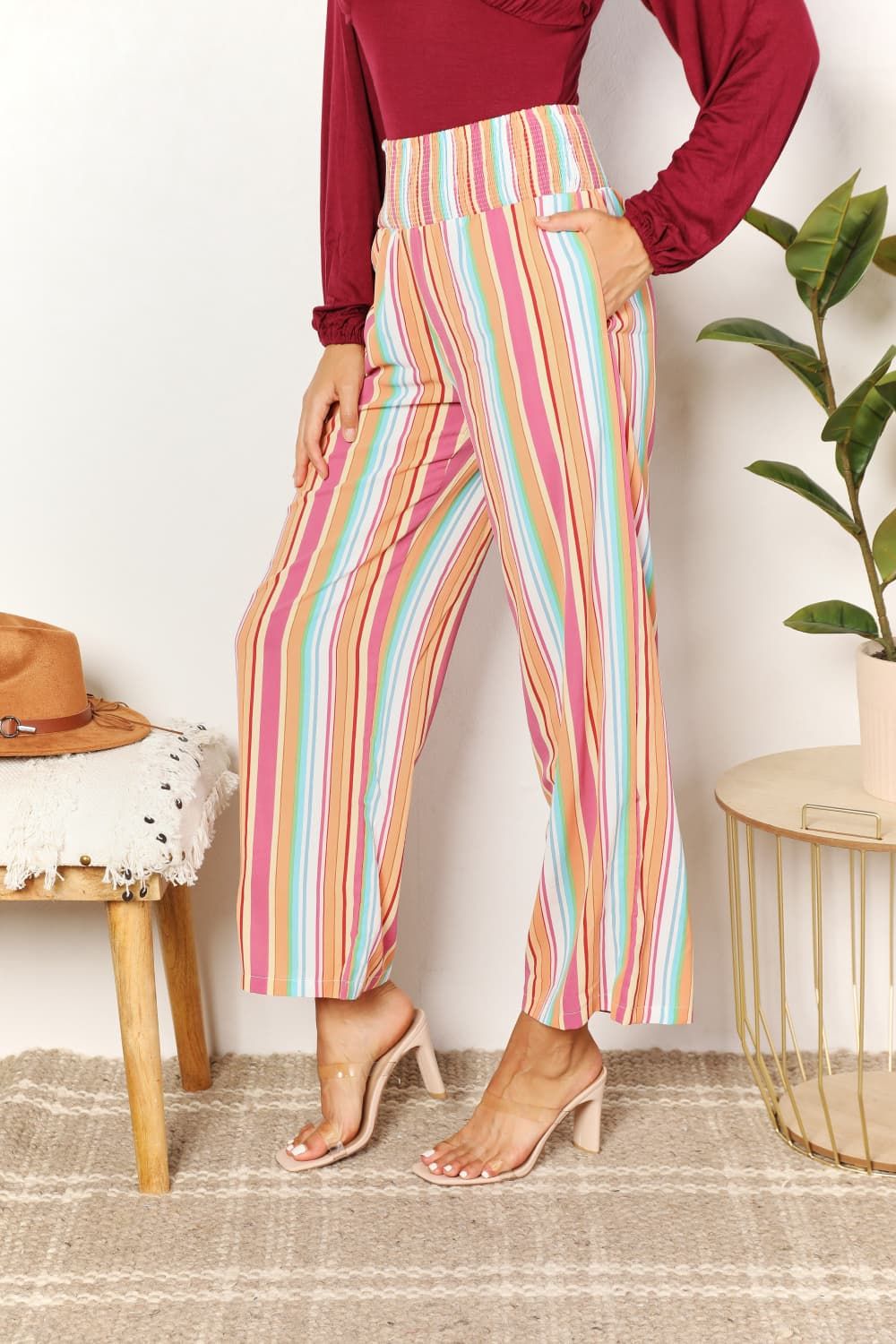 Double Take Striped Smocked Waist Pants with Pockets us.meeeshop - 