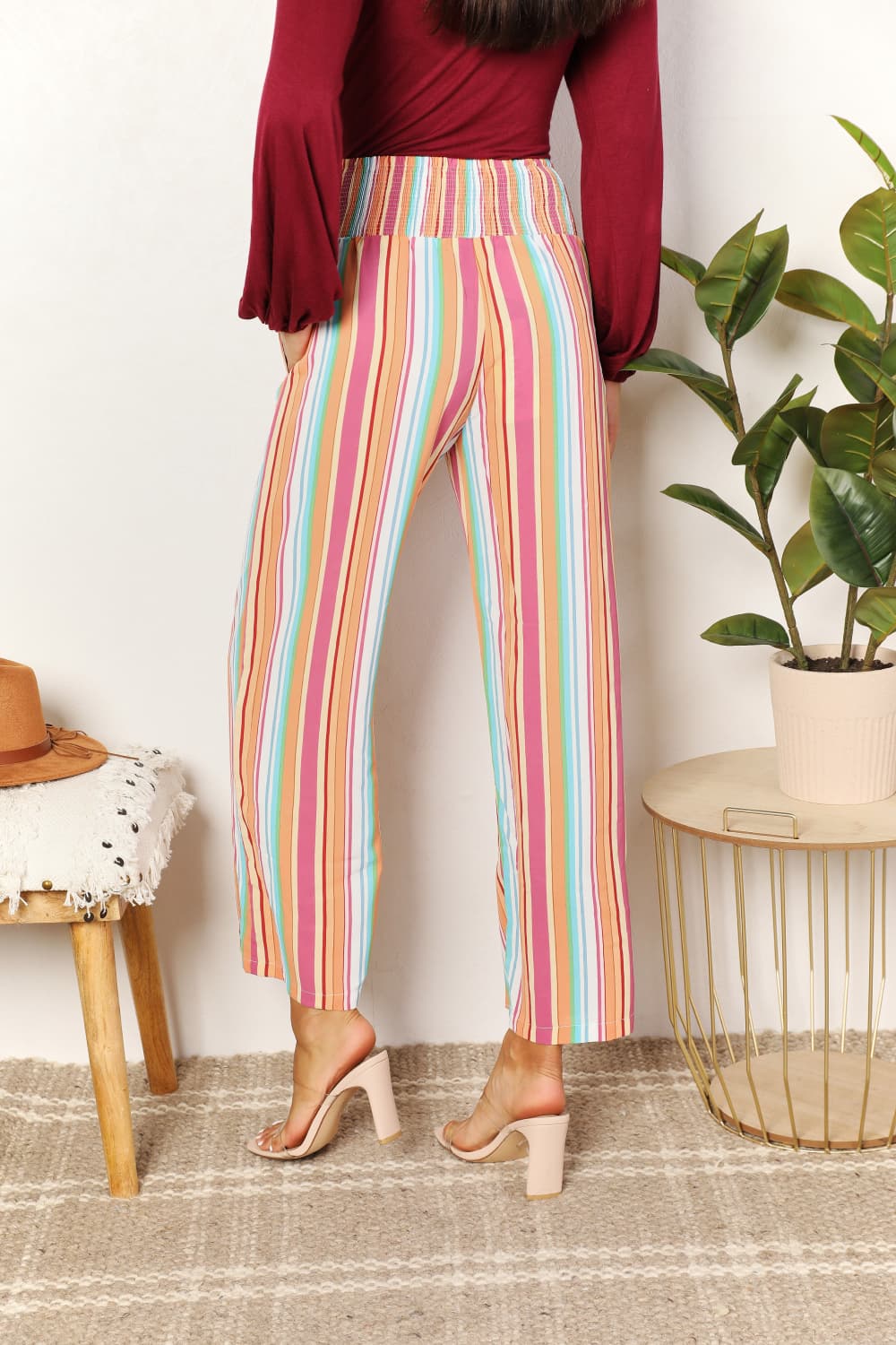 Double Take Striped Smocked Waist Pants with Pockets | us.meeeshop