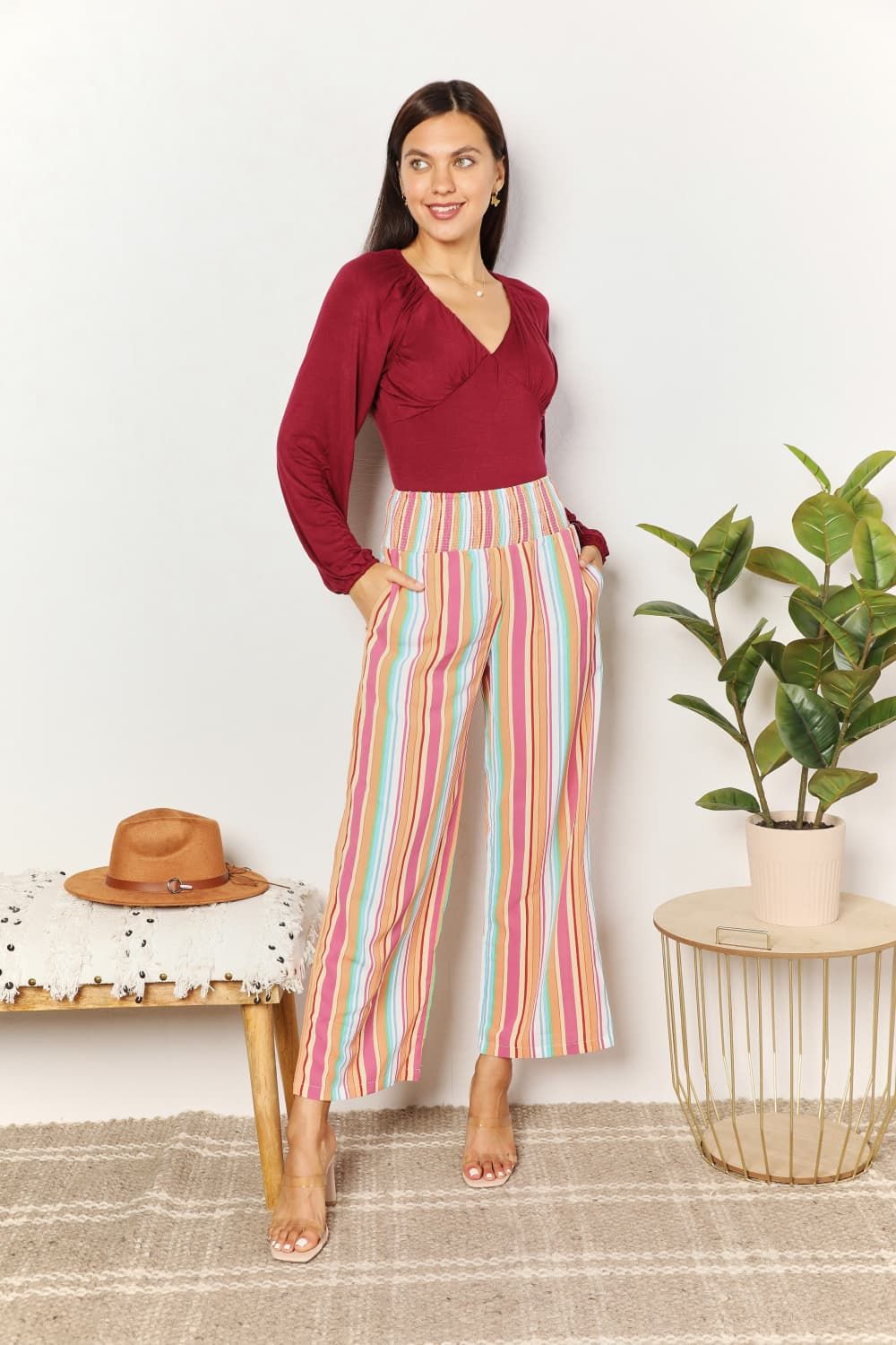 Double Take Striped Smocked Waist Pants with Pockets us.meeeshop - 