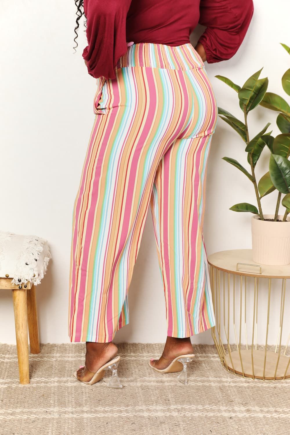 Double Take Striped Smocked Waist Pants with Pockets us.meeeshop - 