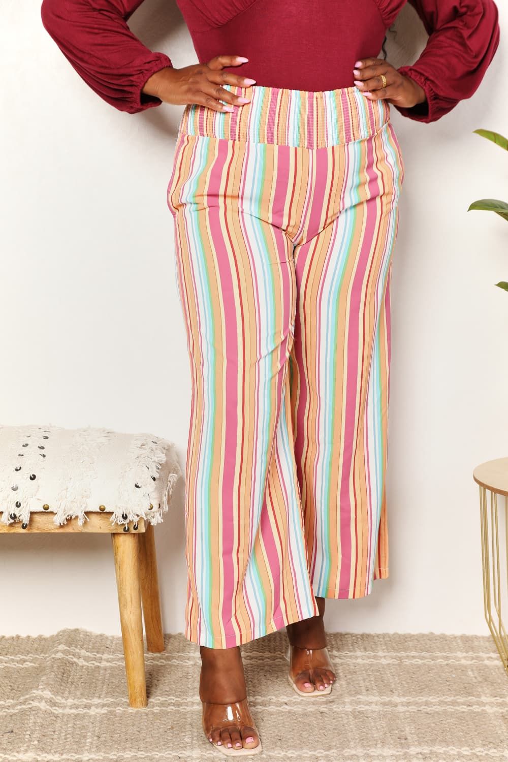 Double Take Striped Smocked Waist Pants with Pockets us.meeeshop - 