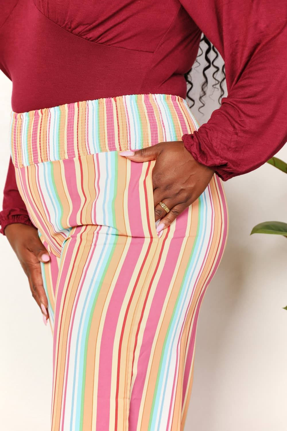 Double Take Striped Smocked Waist Pants with Pockets us.meeeshop - 