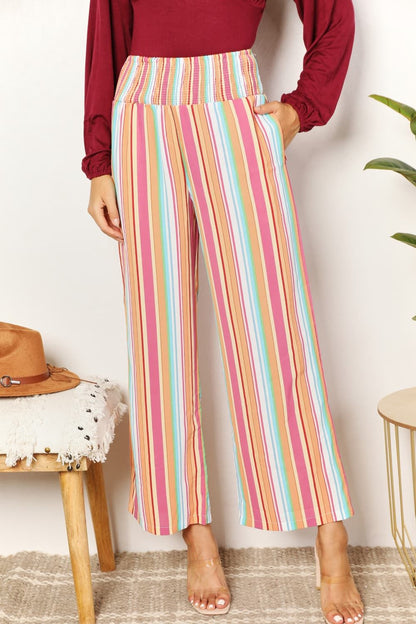 Double Take Striped Smocked Waist Pants with Pockets us.meeeshop - Pants