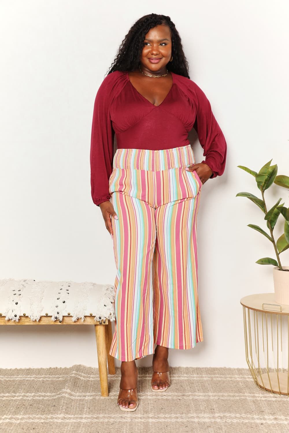 Double Take Striped Smocked Waist Pants with Pockets us.meeeshop - 