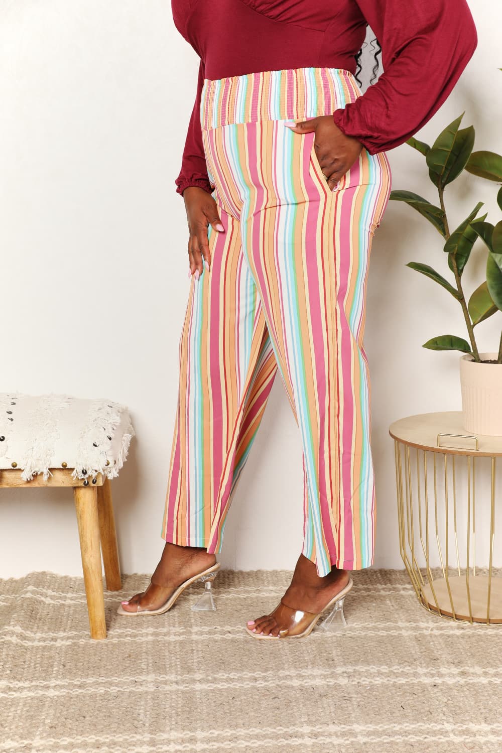 Double Take Striped Smocked Waist Pants with Pockets | us.meeeshop