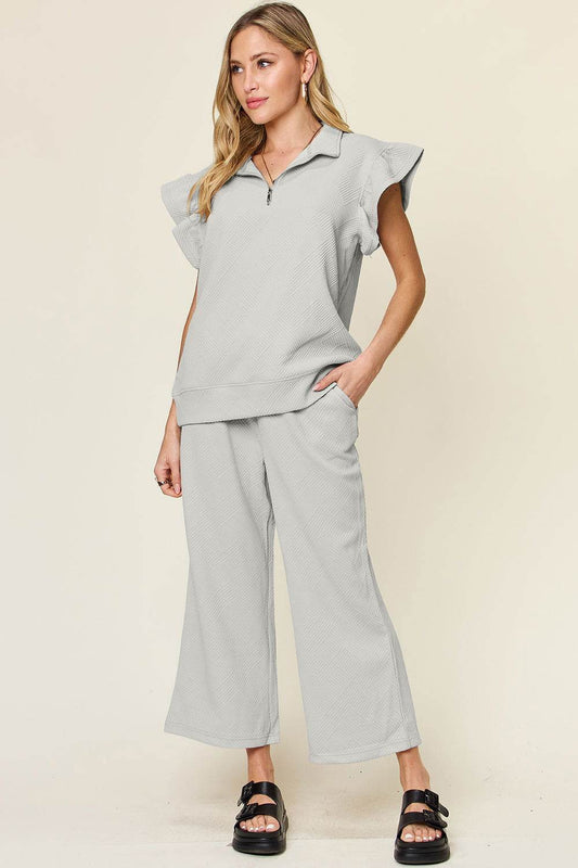 Double Take Texture Ruffle Short Sleeve Top and Drawstring Wide Leg Pants Set - us.meeeshop