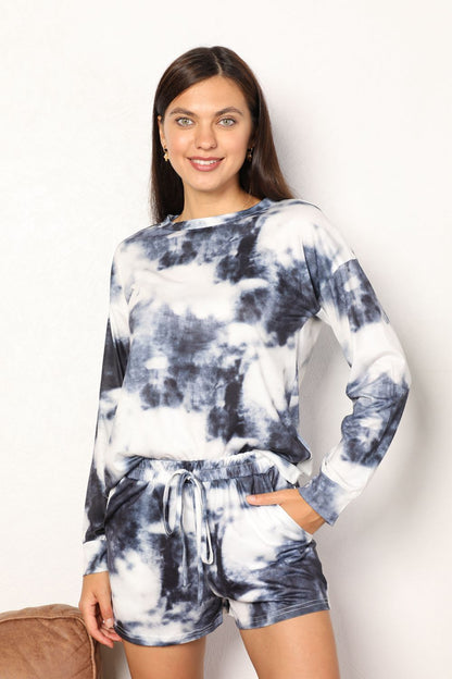 Double Take Tie-Dye Round Neck Top and Shorts Lounge Set us.meeeshop - 