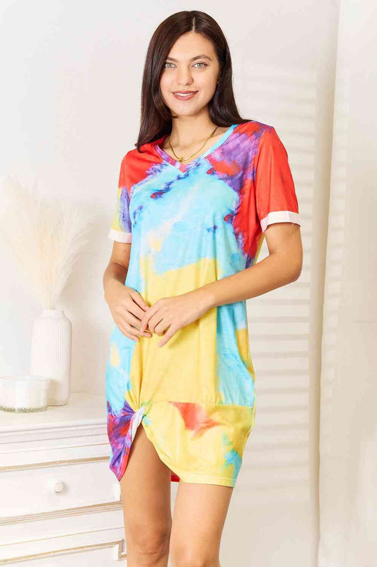 Double Take Tie-Dye V-Neck Twisted Dress us.meeeshop - Dresses