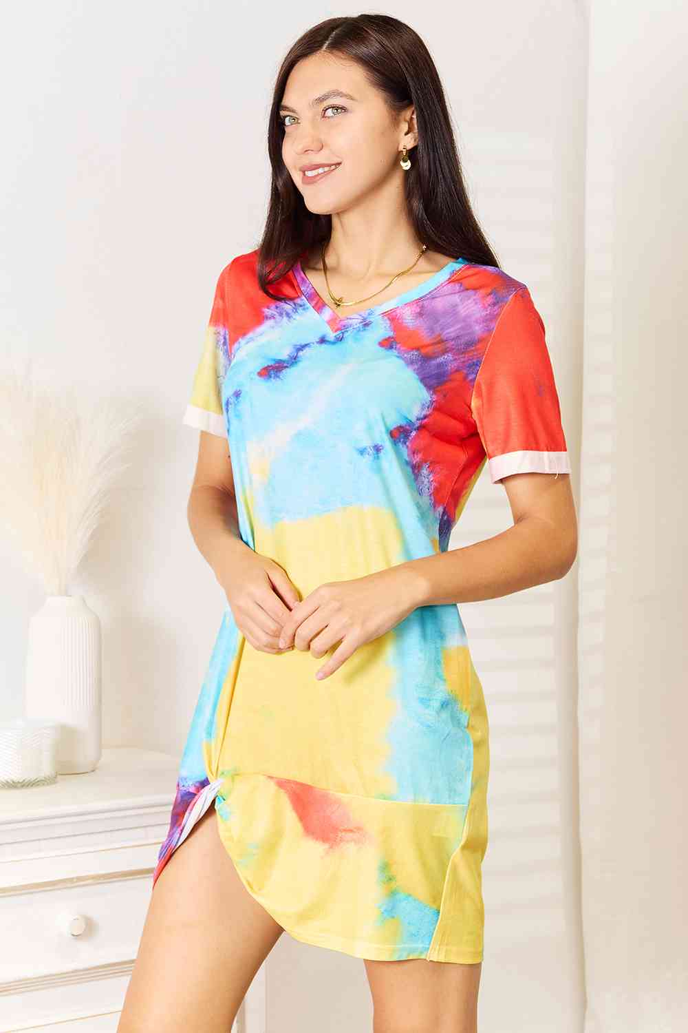 Double Take Tie-Dye V-Neck Twisted Dress | us.meeeshop