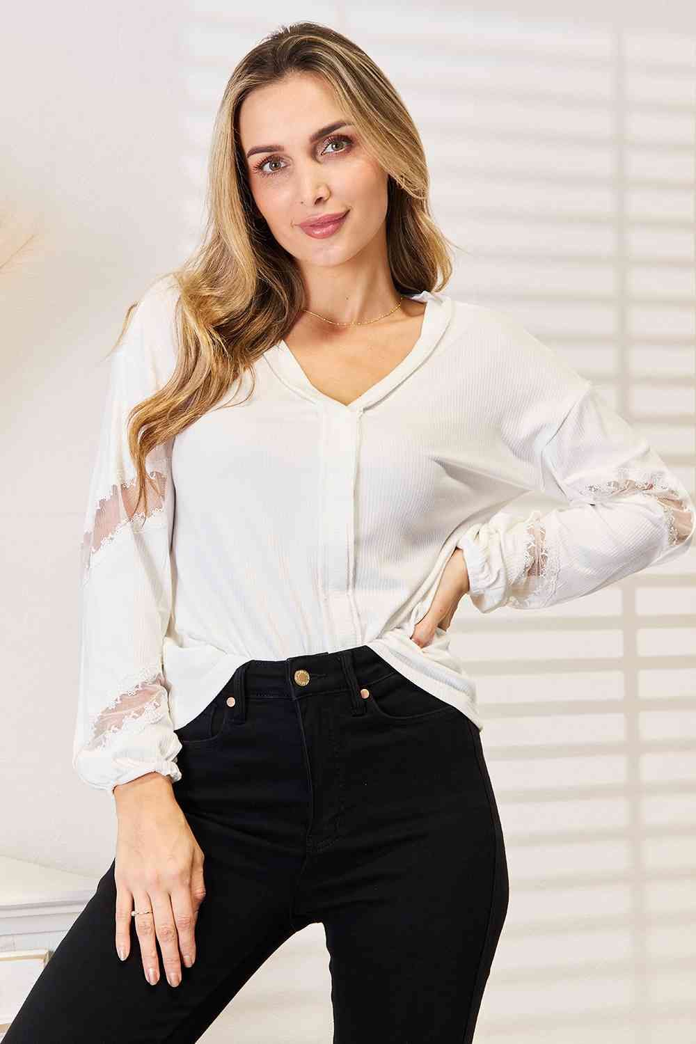 Double Take V-Neck Dropped Shoulder Blouse us.meeeshop - 