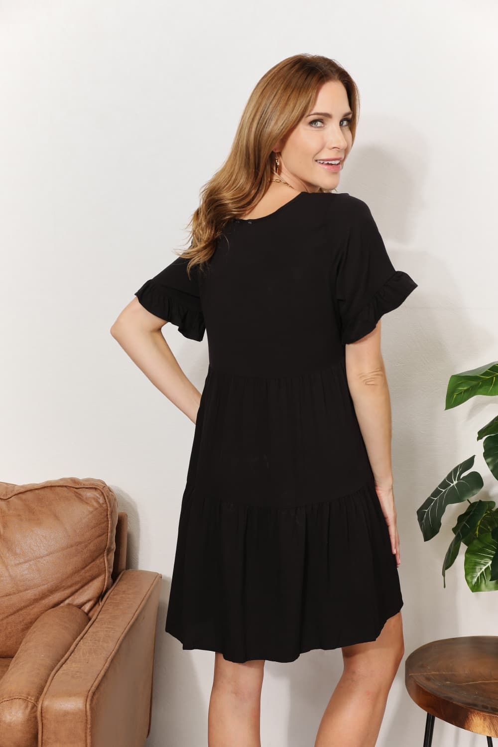 Double Take V-Neck Flounce Sleeve Tiered Dress us.meeeshop - 