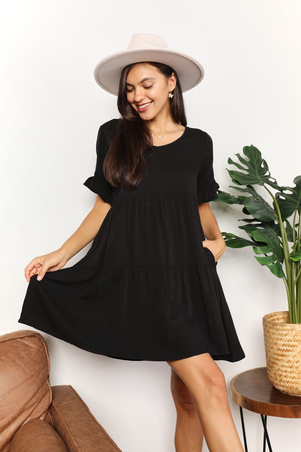 Double Take V-Neck Flounce Sleeve Tiered Dress us.meeeshop - 