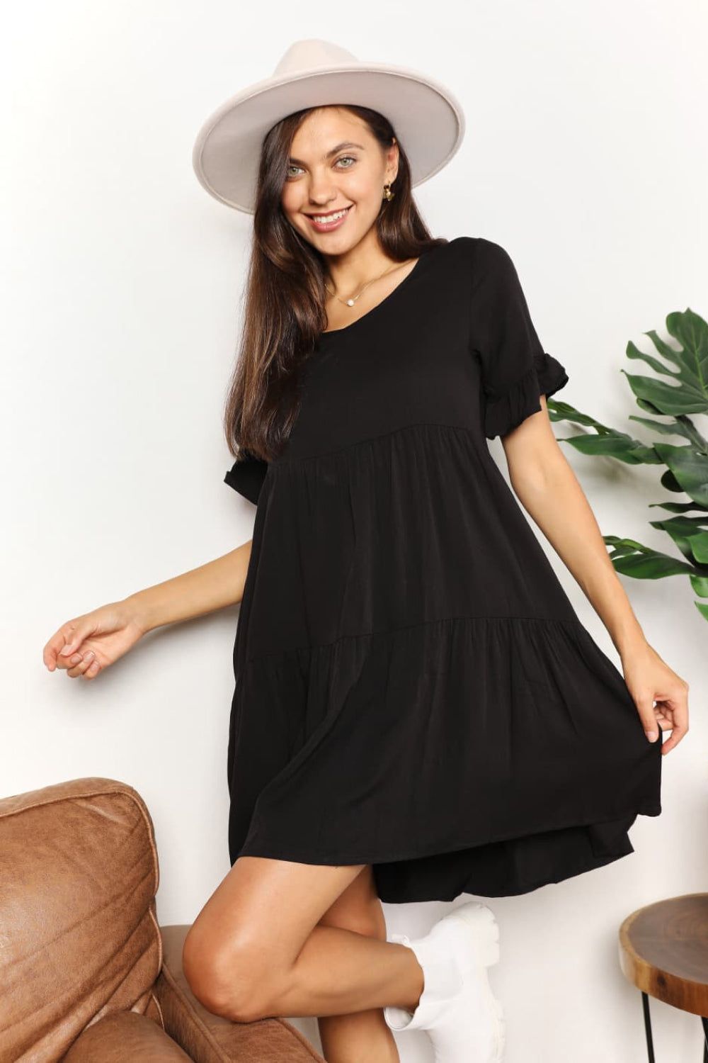 Double Take V-Neck Flounce Sleeve Tiered Dress us.meeeshop - Dresses