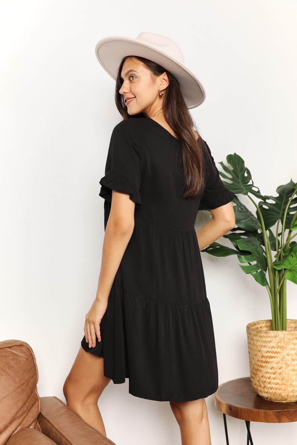 Double Take V-Neck Flounce Sleeve Tiered Dress us.meeeshop - 