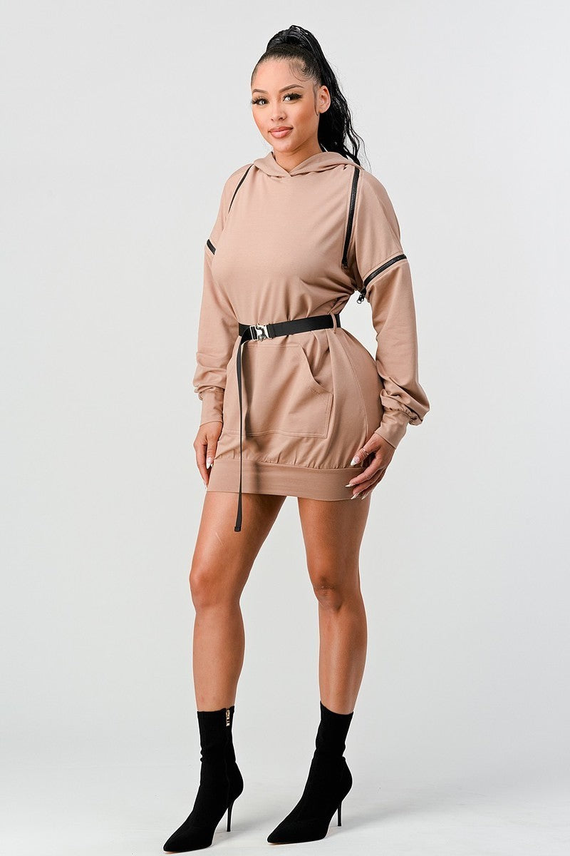 Double Zipper Long Sleeve Hooded Mini Dress | us.meeeshop