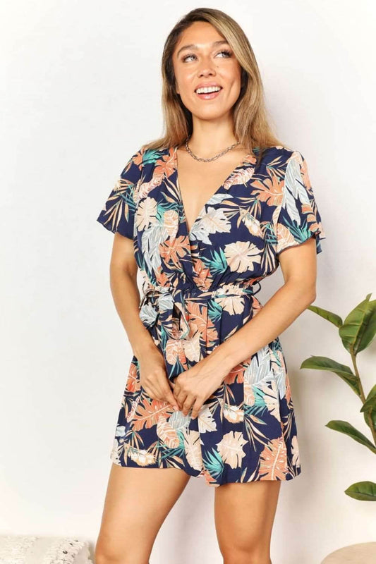 Double Take Botanical Print Surplice Neck Tie Waist Romper - us.meeeshop