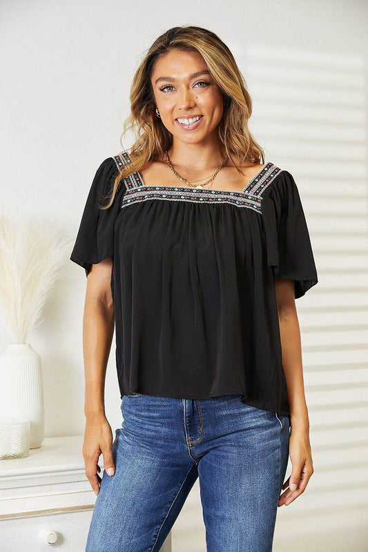 Double Take Contrast Square Neck Puff Sleeve Blouse - us.meeeshop