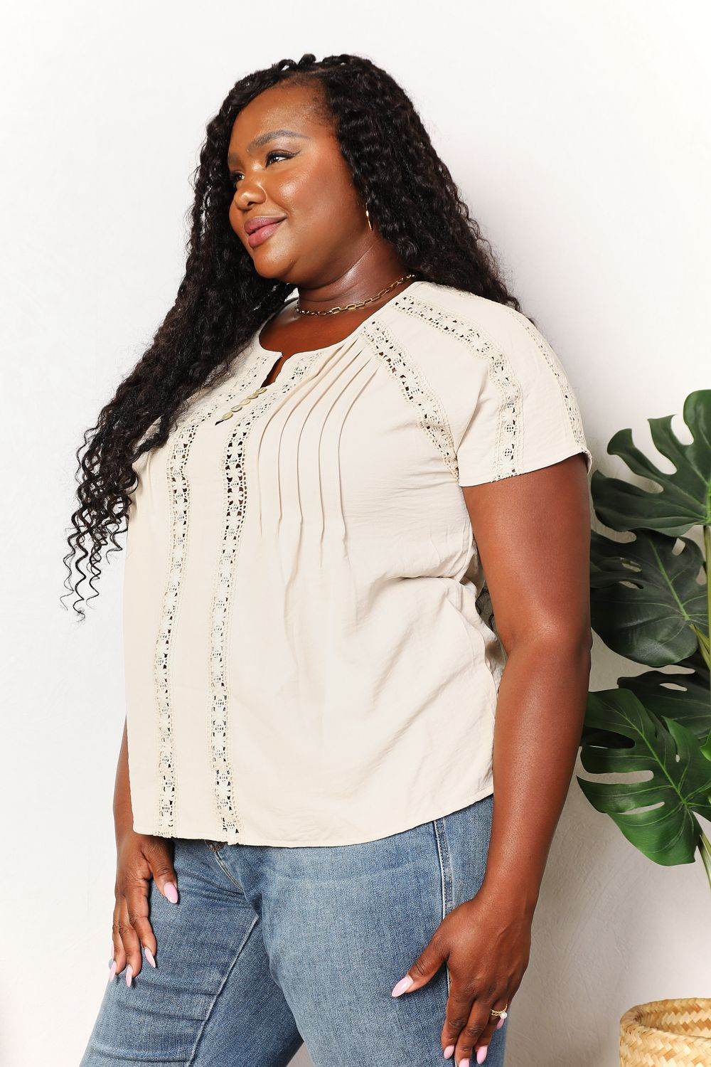 Double Take Crochet Buttoned Short Sleeves Top - us.meeeshop