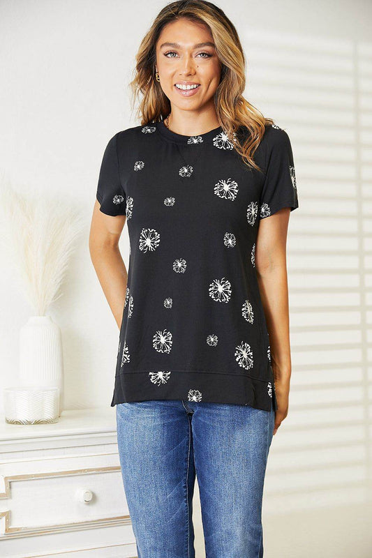 Double Take Dandelion Print Round Neck T-Shirt - us.meeeshop