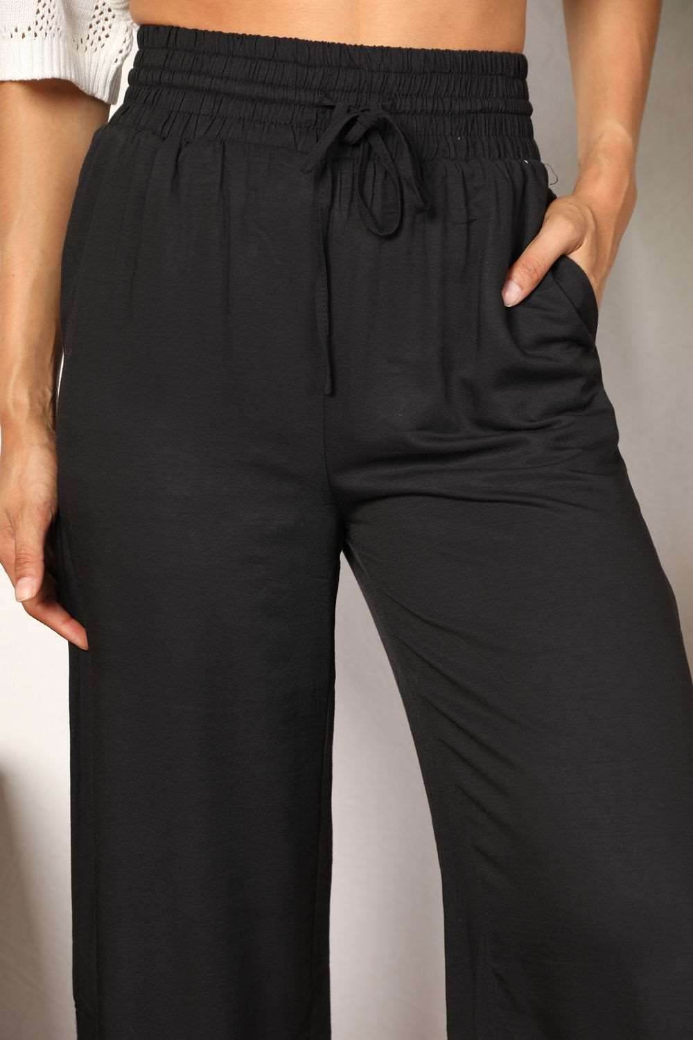 Double Take Drawstring Smocked Waist Wide Leg Pants - us.meeeshop