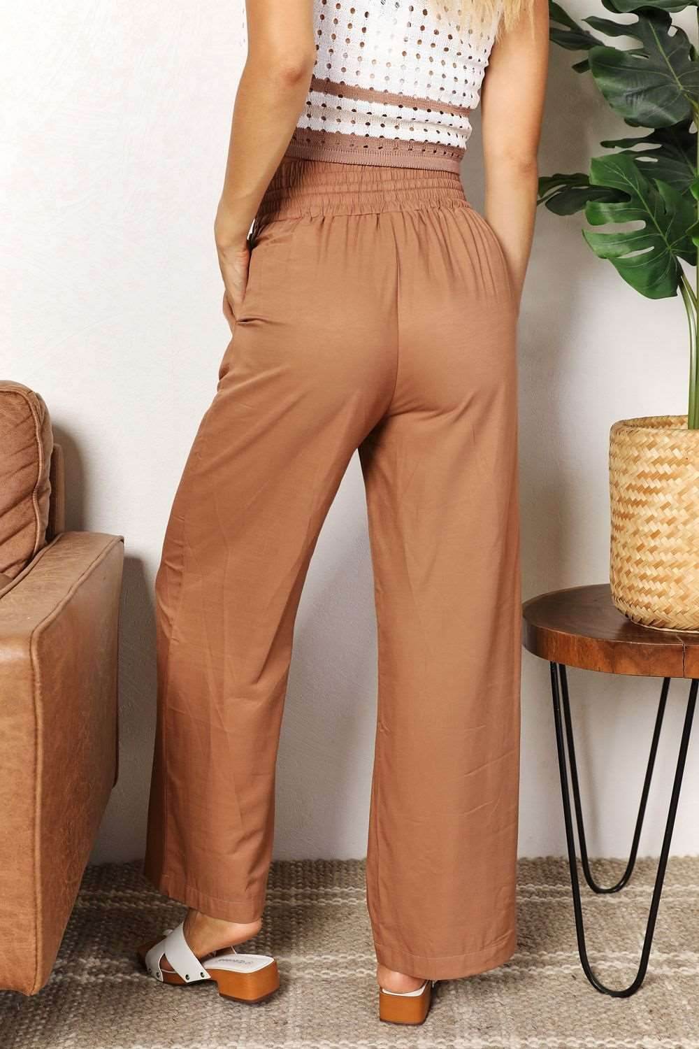 Double Take Drawstring Smocked Waist Wide Leg Pants - us.meeeshop