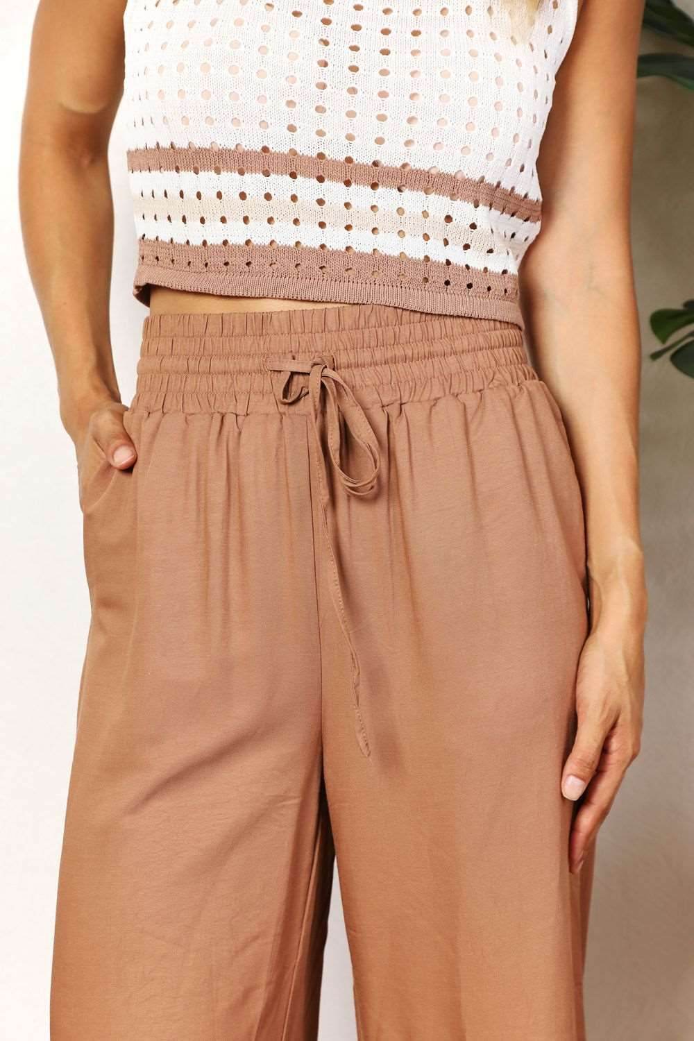 Double Take Drawstring Smocked Waist Wide Leg Pants - us.meeeshop