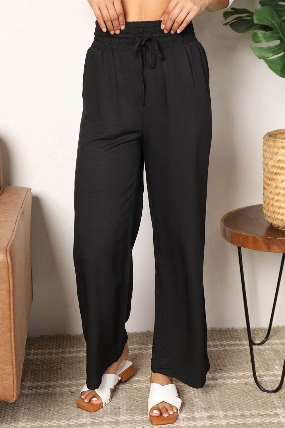 Double Take Drawstring Smocked Waist Wide Leg Pants - us.meeeshop