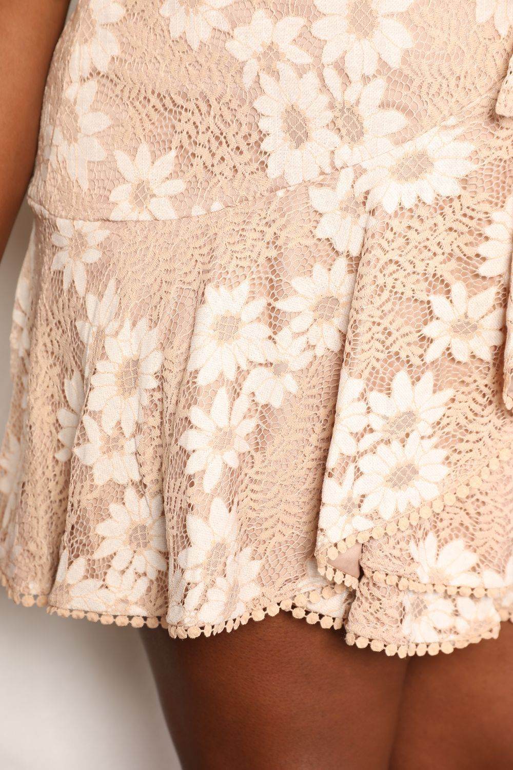 Double Take Floral Lace Pompom Detail Tie-Waist Flutter Sleeve Dress - us.meeeshop