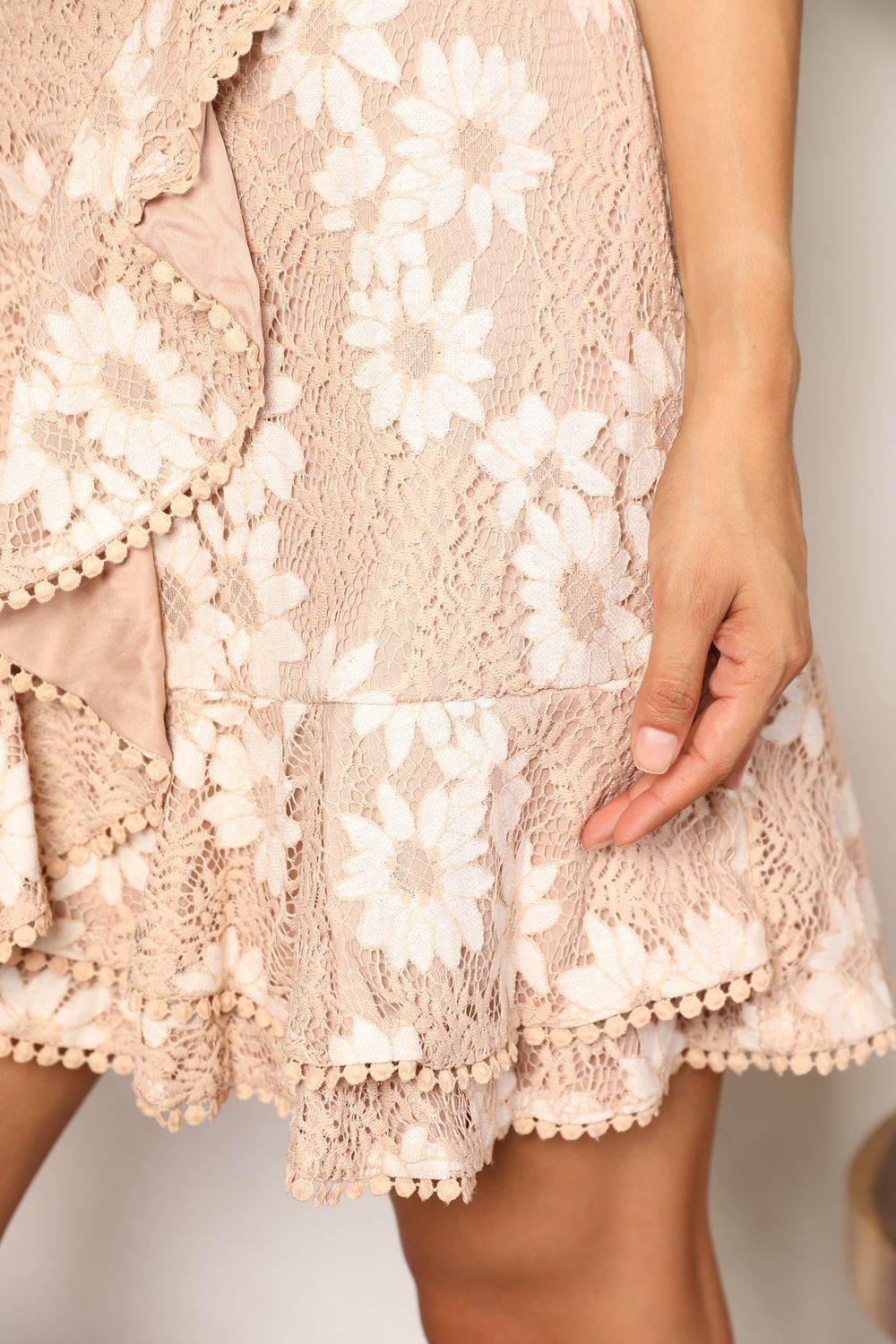 Double Take Floral Lace Pompom Detail Tie-Waist Flutter Sleeve Dress - us.meeeshop