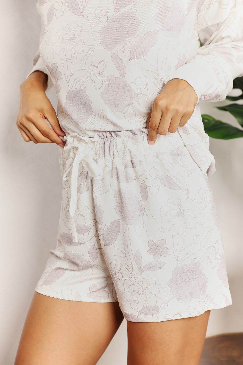 Double Take Floral Long Sleeve Top and Shorts Loungewear Set - us.meeeshop