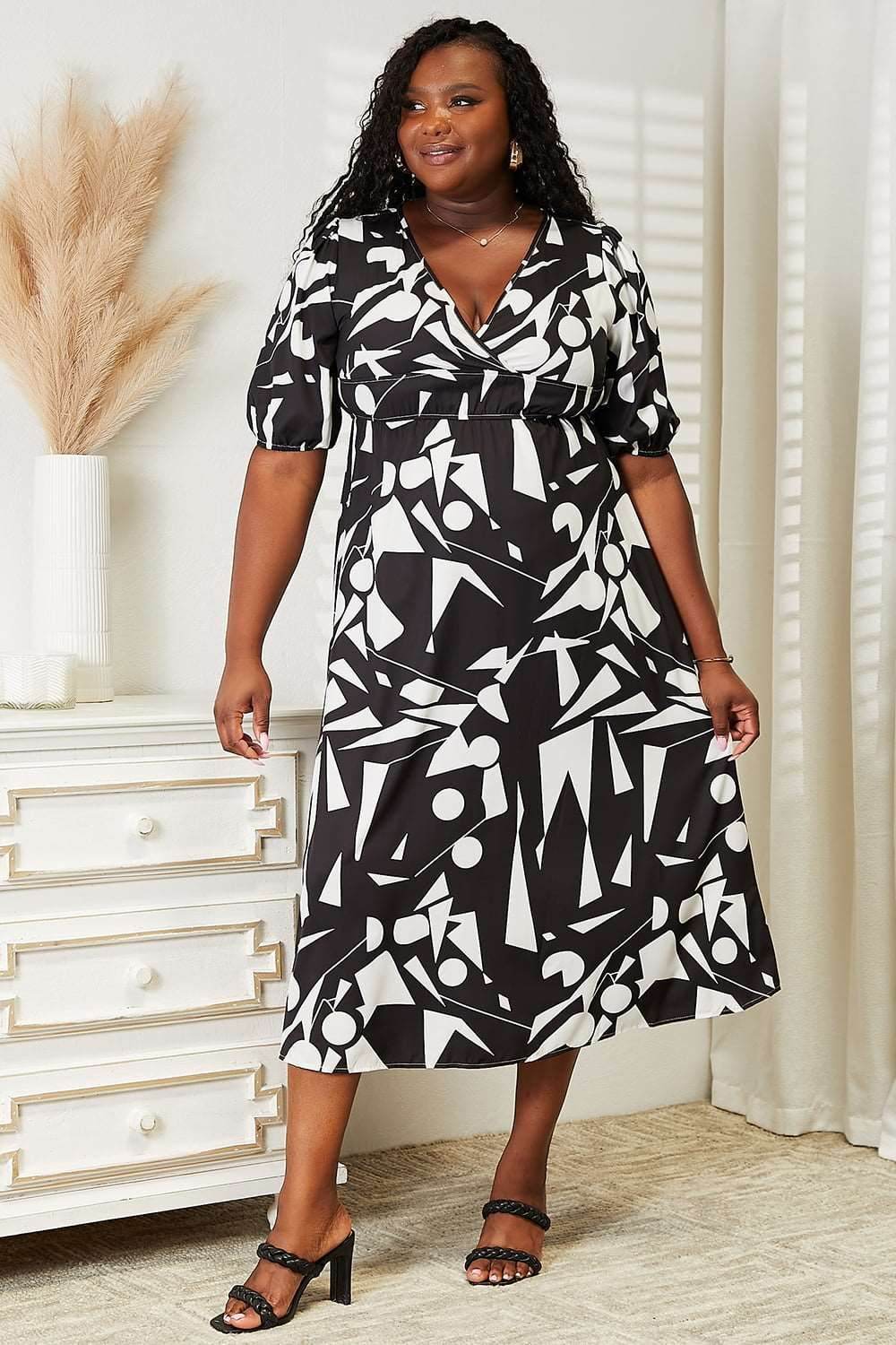 Double Take Printed Surplice Balloon Sleeve Dress - us.meeeshop