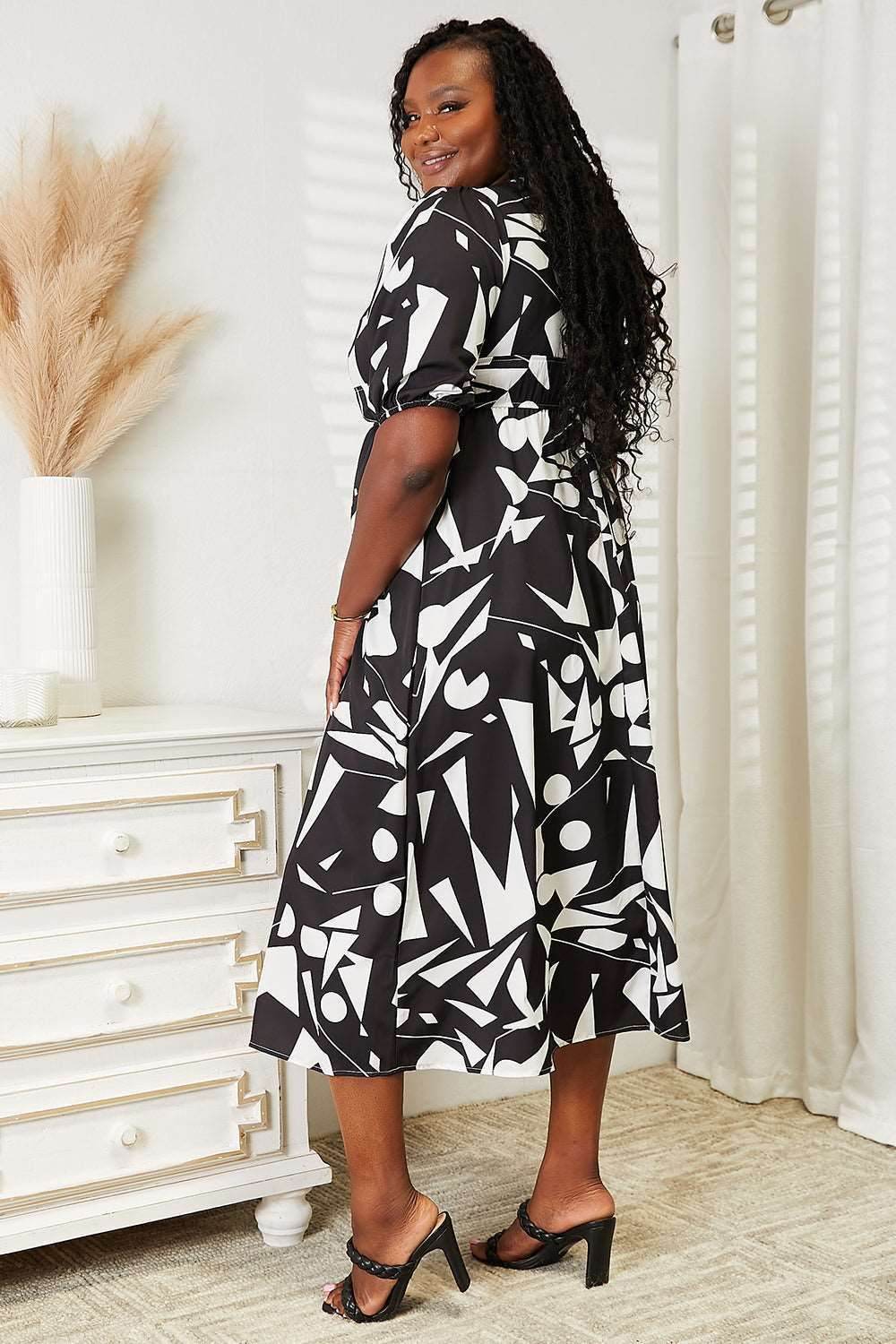 Double Take Printed Surplice Balloon Sleeve Dress - us.meeeshop