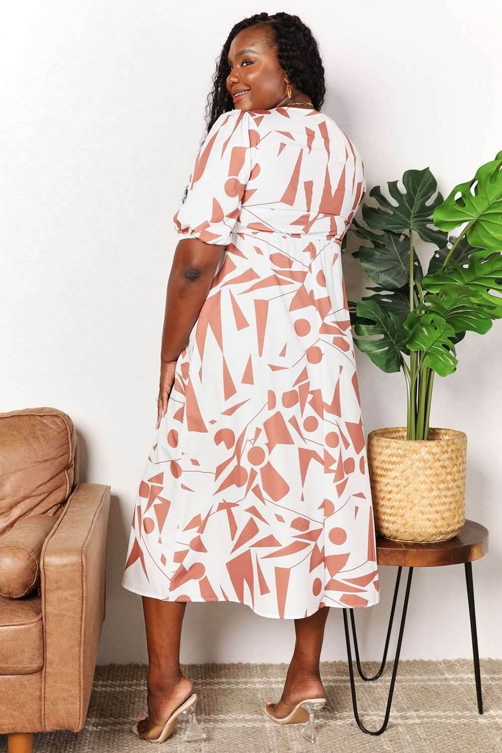 Double Take Printed Surplice Balloon Sleeve Dress - us.meeeshop