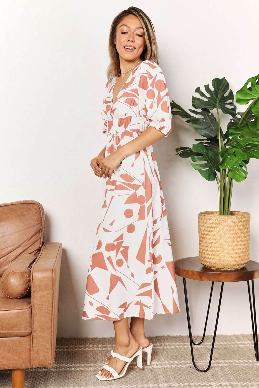 Double Take Printed Surplice Balloon Sleeve Dress - us.meeeshop