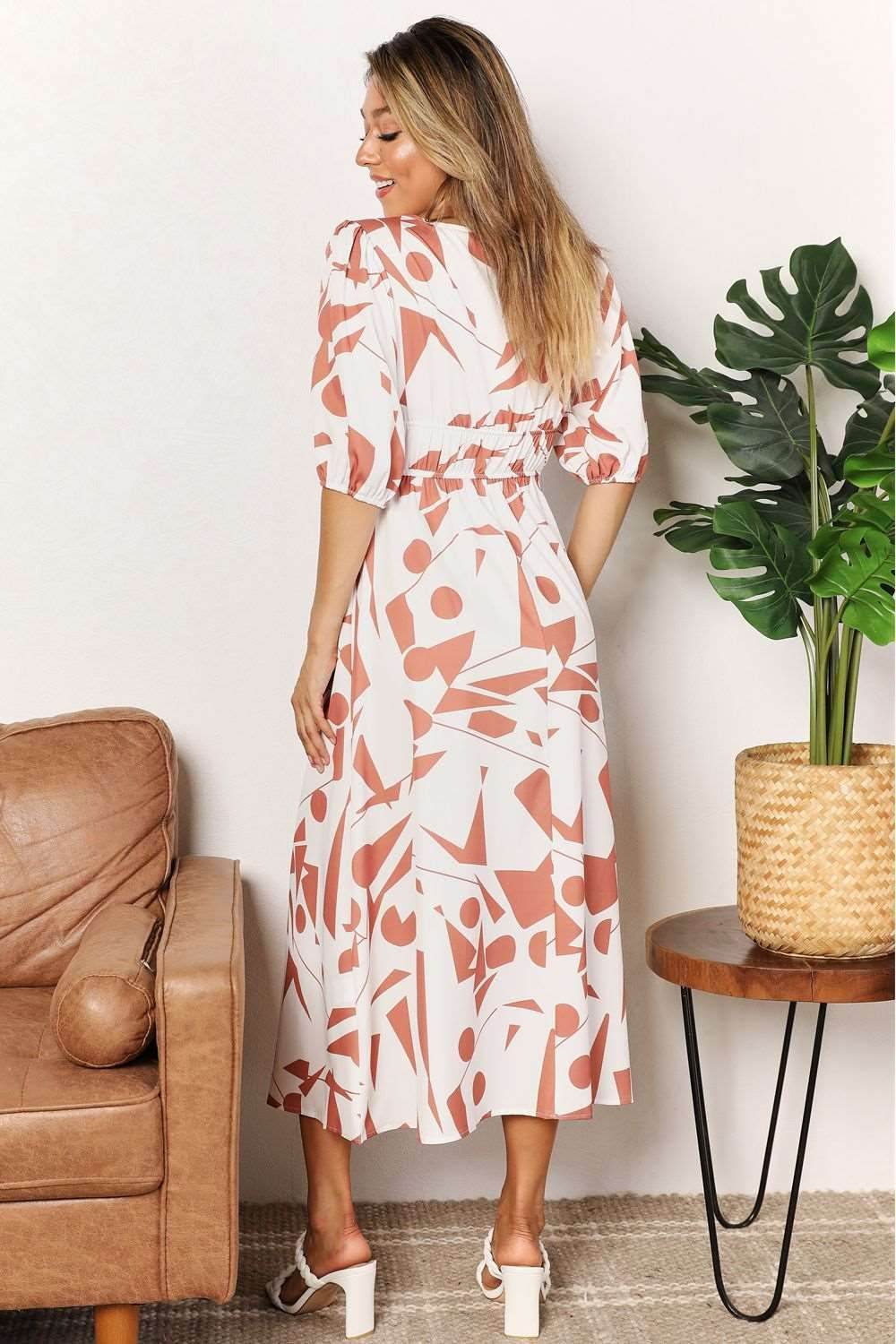 Double Take Printed Surplice Balloon Sleeve Dress - us.meeeshop