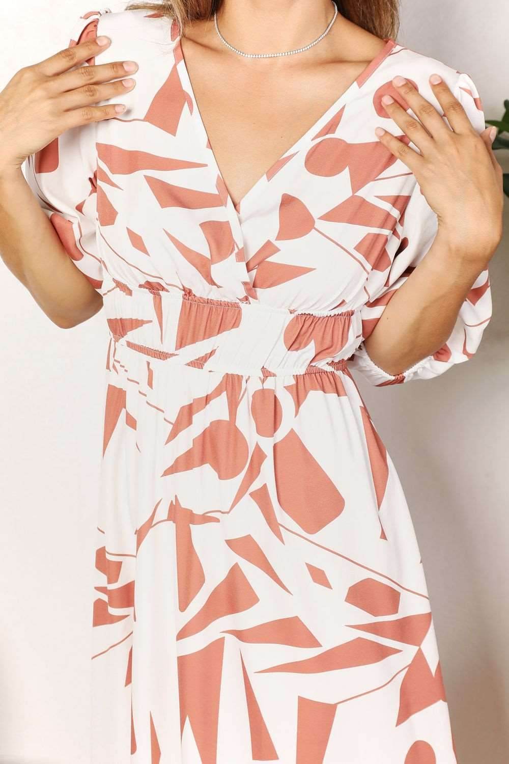 Double Take Printed Surplice Balloon Sleeve Dress - us.meeeshop