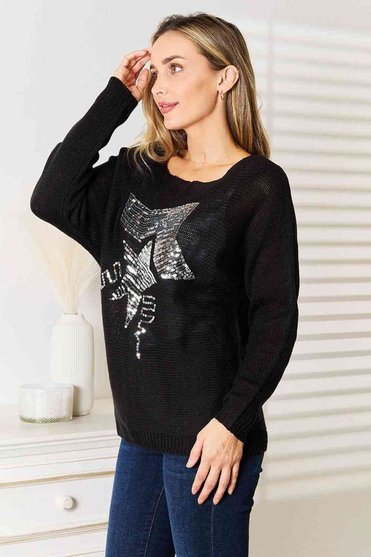 Double Take Sequin Graphic Dolman Sleeve Knit Top - us.meeeshop