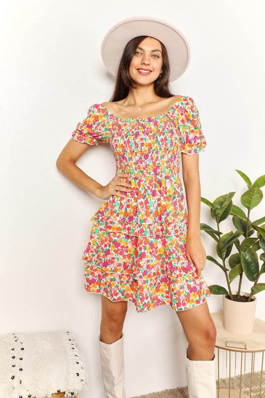 Double Take Smocked Sweetheart Neck Flounce Sleeve Mini Dress - us.meeeshop