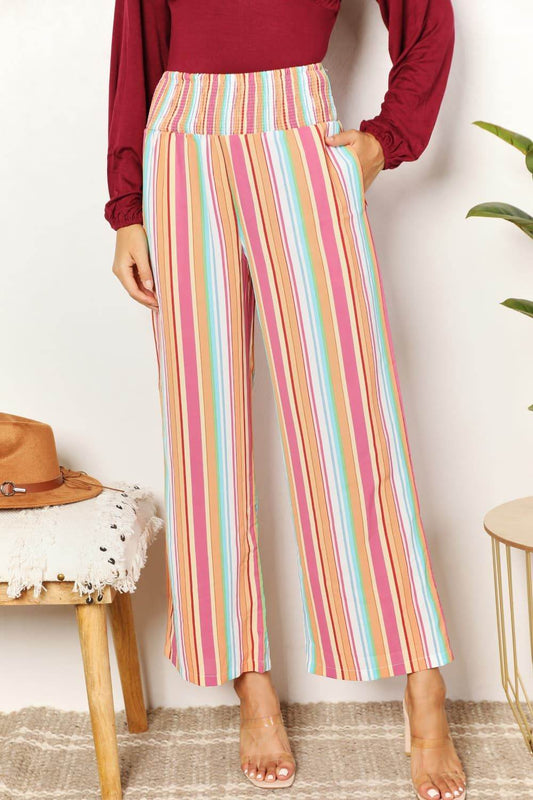 Double Take Striped Smocked Waist Pants with Pockets - us.meeeshop