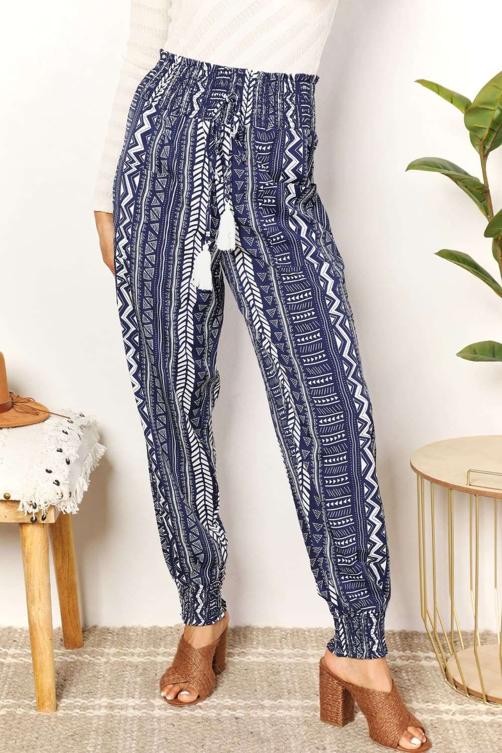 Double Take Geometric Print Tassel High-Rise Pants | us.meeeshop